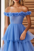 Load image into Gallery viewer, Blue Tulle Off The Shoulder Long Ball Gown Prom Dress with Ruffles