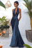 Load image into Gallery viewer, Grey Blue Satin Halter Long Mermaid Prom Dress