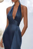 Load image into Gallery viewer, Grey Blue Satin Halter Long Mermaid Prom Dress