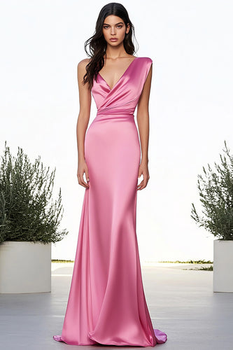 Pink Satin V Neck Long Sheath Prom Dress