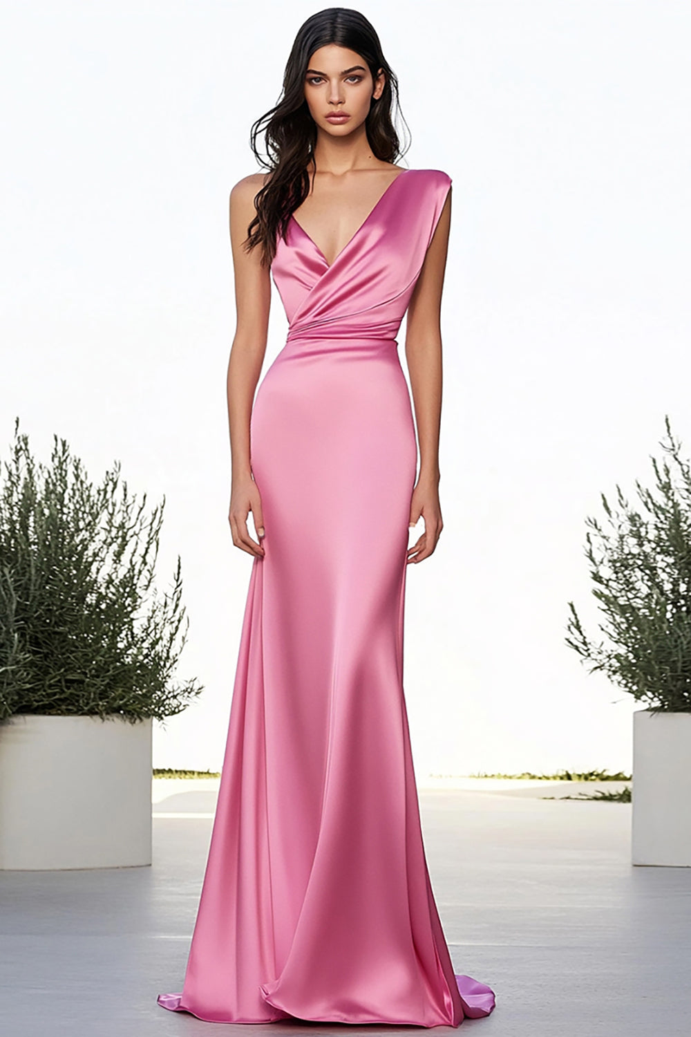 Pink Satin V Neck Long Sheath Prom Dress