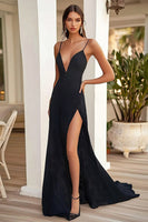 Load image into Gallery viewer, Black V Neck Long Sheath Prom Dress with Slit