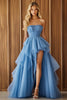 Load image into Gallery viewer, Blue Organza Strapless Long Ball Gown Prom Dress with Ruffles