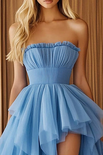 Blue Organza Strapless Long Ball Gown Prom Dress with Ruffles