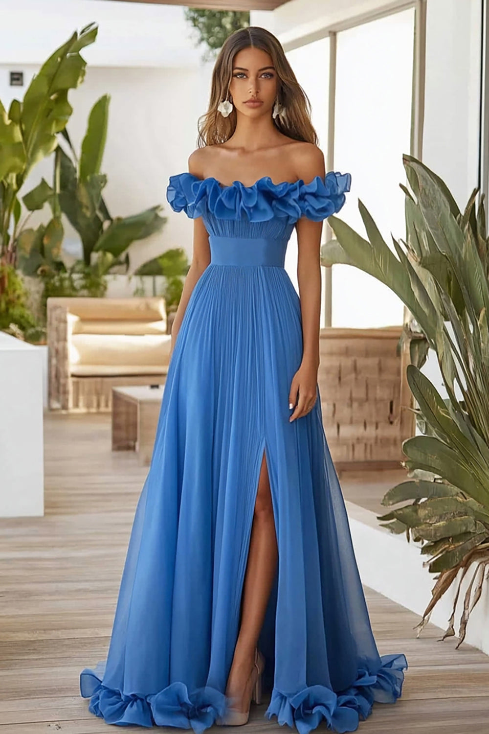Blue Organza Long A Line Prom Dress with Ruffles
