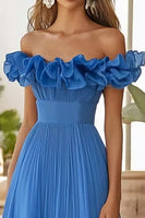 Load image into Gallery viewer, Blue Organza Long A Line Prom Dress with Ruffles