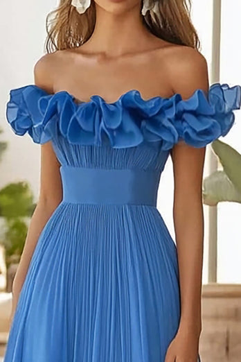 Blue Organza Long A Line Prom Dress with Ruffles