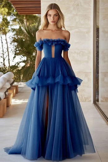 Dark Blue Organza Long Ball Gown Prom Dress with Ruffles