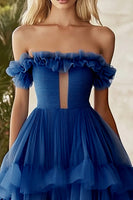 Load image into Gallery viewer, Dark Blue Organza Long Ball Gown Prom Dress with Ruffles