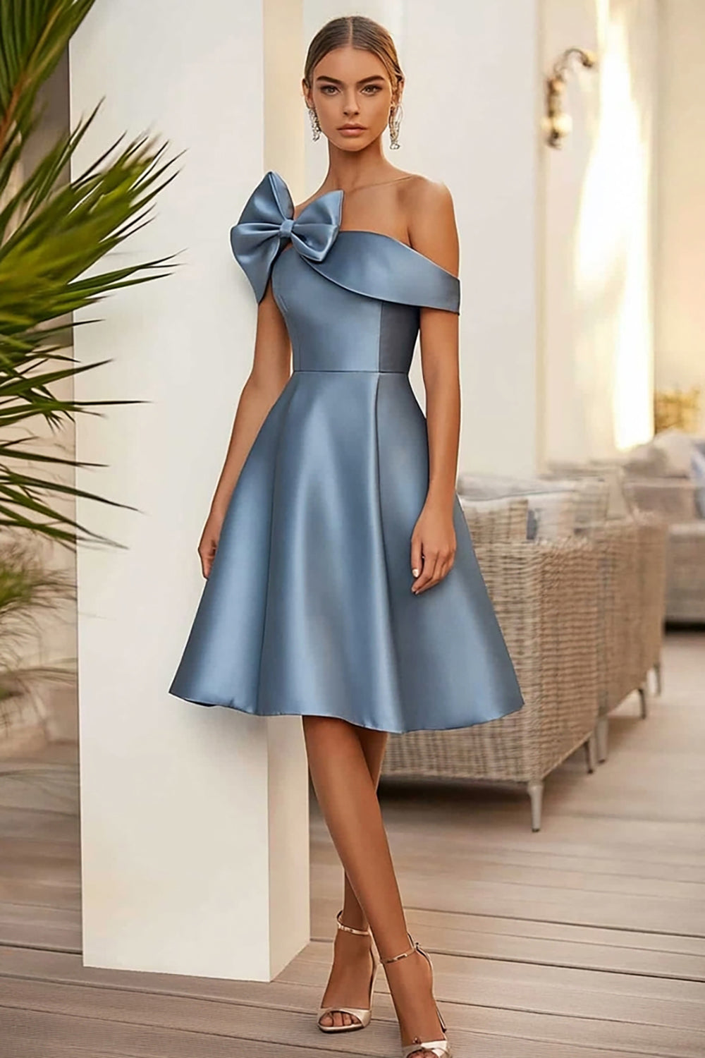 Dusty Blue Satin Short A Line Graduation Dress with Bow