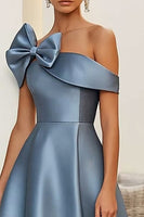 Load image into Gallery viewer, Dusty Blue Satin Short A Line Graduation Dress with Bow