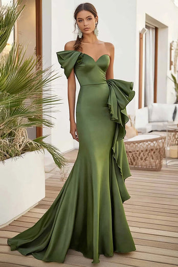 Olive Satin One Shoulder Long Mermaid Prom Dress with Ruffles