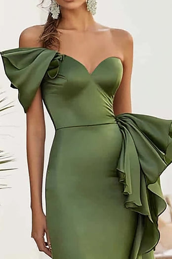Olive Satin One Shoulder Long Mermaid Prom Dress with Ruffles