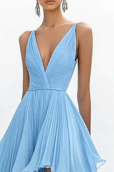 Sky Blue Organza High-Low A Line Boho Dress with Ruffles