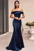 Load image into Gallery viewer, Navy Satin Off The Shoulder Long Mermaid Prom Dress