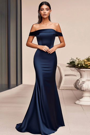 Navy Satin Off The Shoulder Long Mermaid Prom Dress