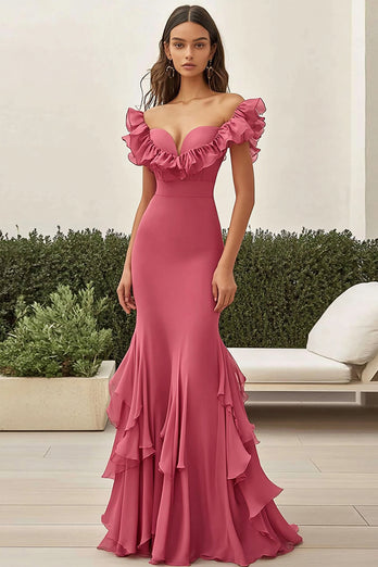 Coral Satin Long Mermaid Prom Dress with Ruffles