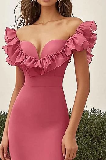 Coral Satin Long Mermaid Prom Dress with Ruffles