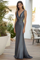 Load image into Gallery viewer, Dark Grey Satin V Neck Long Sheath Prom Dress