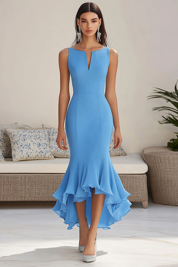 Blue Chiffon Sleeveless Long Mermaid Formal Dress with Ruffles