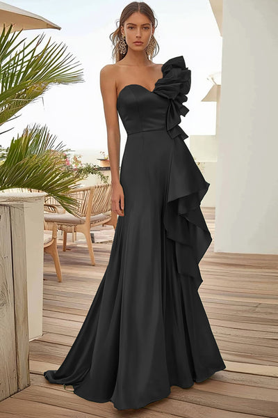 Black One Shoulder A Line Long Satin Prom Dress with Ruffles