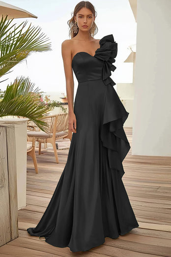 Black One Shoulder A Line Long Satin Prom Dress with Ruffles