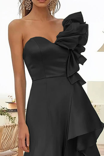 Black One Shoulder A Line Long Satin Prom Dress with Ruffles