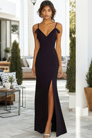 Load image into Gallery viewer, Black Sheath V Neck Long Satin Prom Dress with Slit