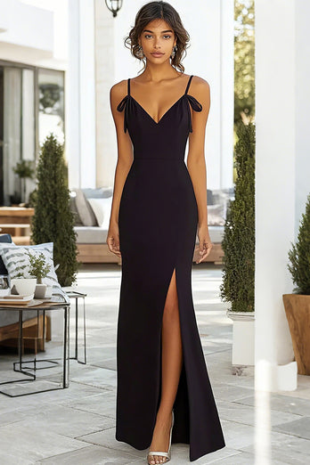 Black Sheath V Neck Long Satin Prom Dress with Slit