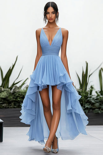 Sky Blue High-Low Organza A Line Boho Dress with Ruffles