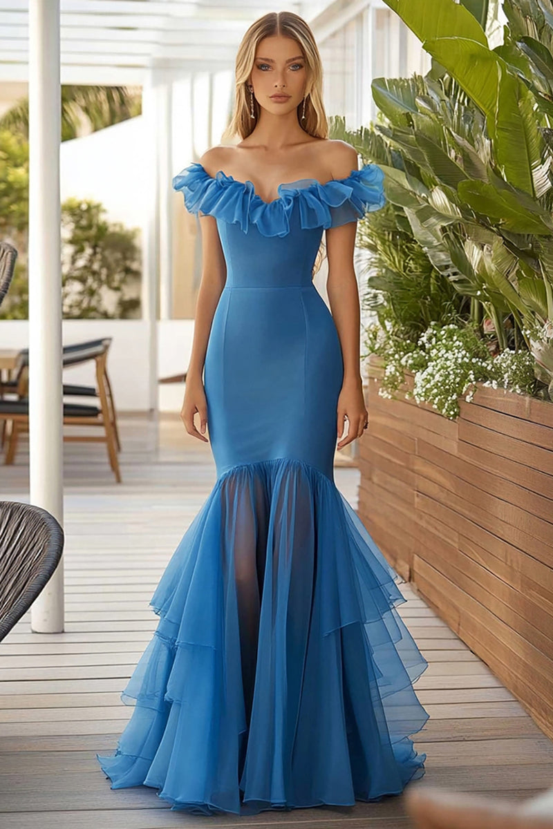 Load image into Gallery viewer, Blue Organza Long Mermaid Prom Dress with Ruffles