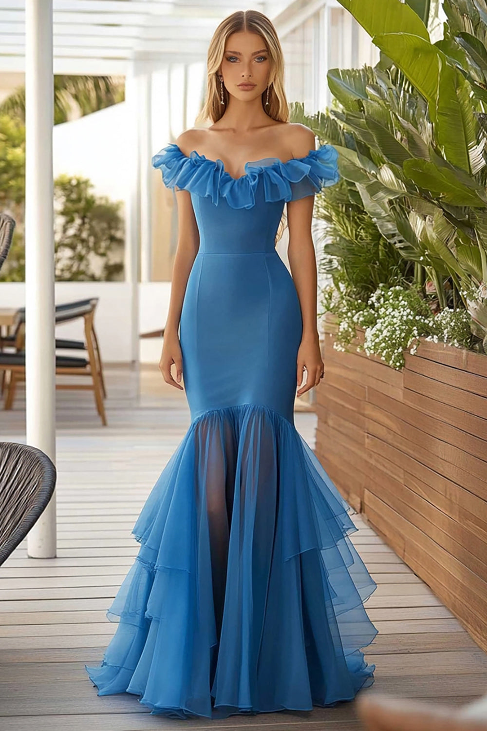Blue Organza Long Mermaid Prom Dress with Ruffles