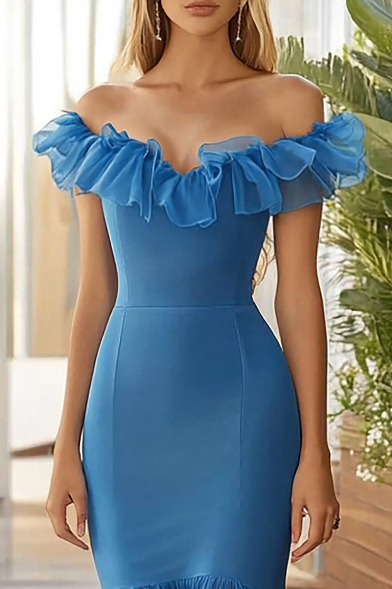 Load image into Gallery viewer, Blue Organza Long Mermaid Prom Dress with Ruffles
