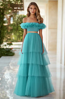 Load image into Gallery viewer, Lake Blue Organza Long Ball Gown Prom Dress with Ruffles
