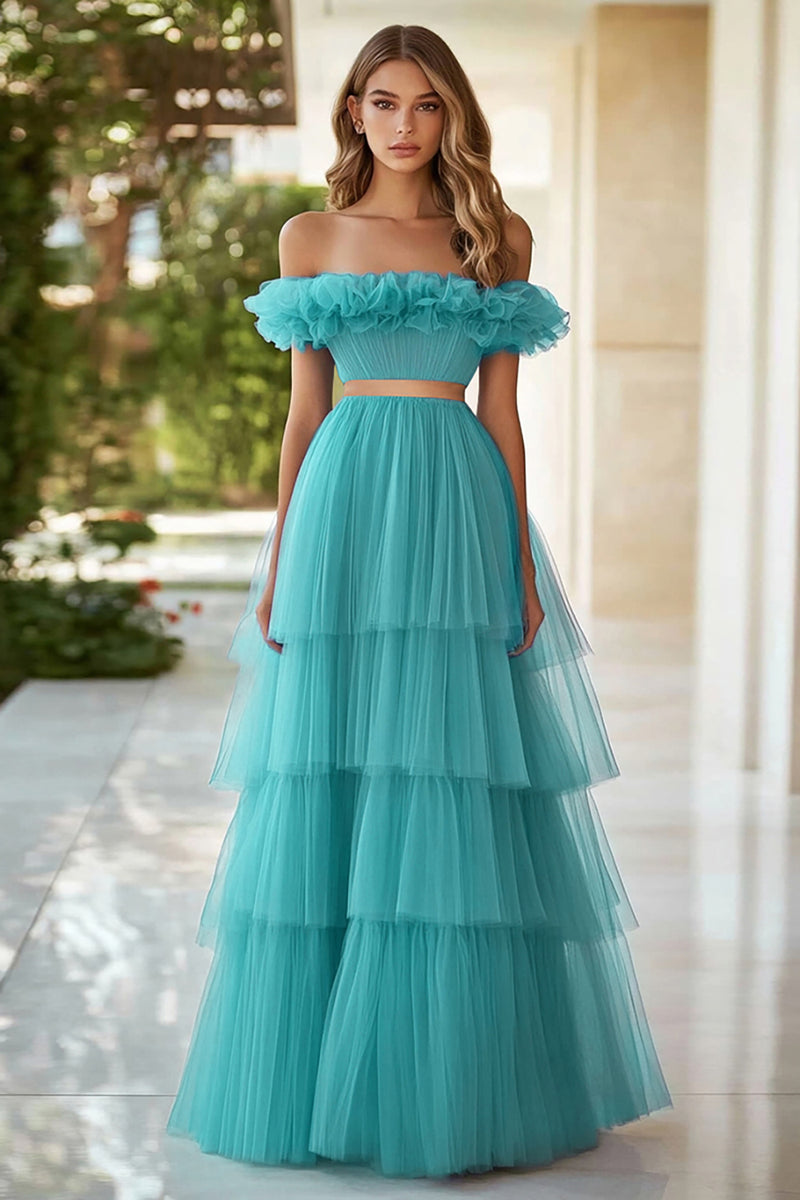 Load image into Gallery viewer, Lake Blue Organza Long Ball Gown Prom Dress with Ruffles