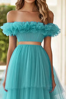 Load image into Gallery viewer, Lake Blue Organza Long Ball Gown Prom Dress with Ruffles