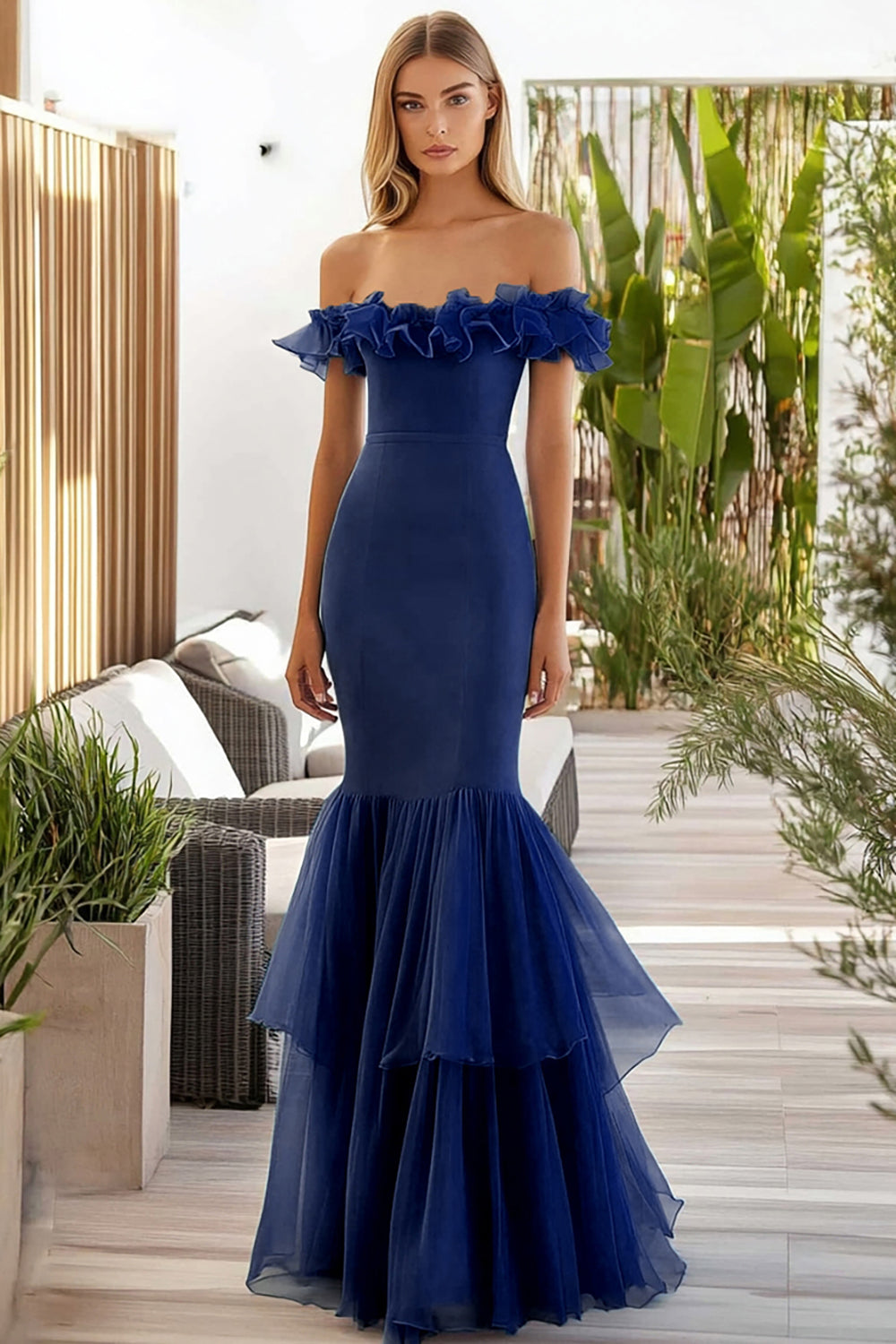 Navy Tulle Long Mermaid Prom Dress with Ruffles