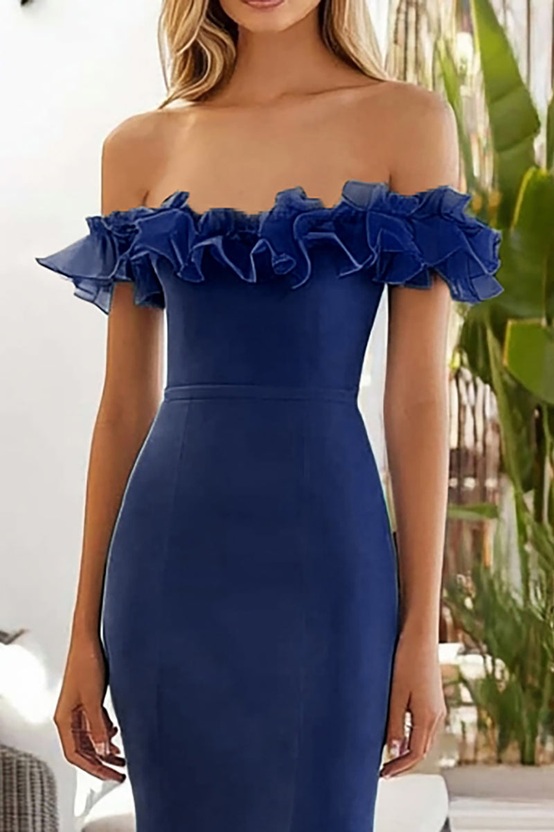Load image into Gallery viewer, Navy Tulle Long Mermaid Prom Dress with Ruffles