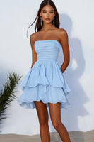 Load image into Gallery viewer, Queendancer Women Sky Blue Chiffon Short Cocktail Dress with Ruffles Ruched Strapless Summer Dress