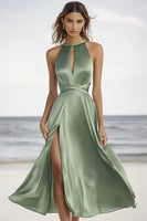 Load image into Gallery viewer, Dusty Sage Satin High Neck Semi Formal Dress with Slit