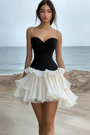 Black and White Chiffon Short Graduation Dress with Ruffles