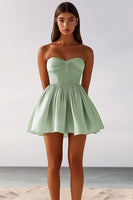 Load image into Gallery viewer, Sage Green Satin Sweetheat Ruched A-Line Short Graduation Dress