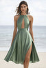 Load image into Gallery viewer, Dusty Sage Chiffon Short Graduation Dress with Slit
