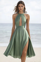 Load image into Gallery viewer, Dusty Sage Chiffon Short Graduation Dress with Slit