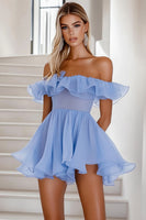 Load image into Gallery viewer, Blue Organza Off the Shoulder Short Graduation Dress with Ruffles
