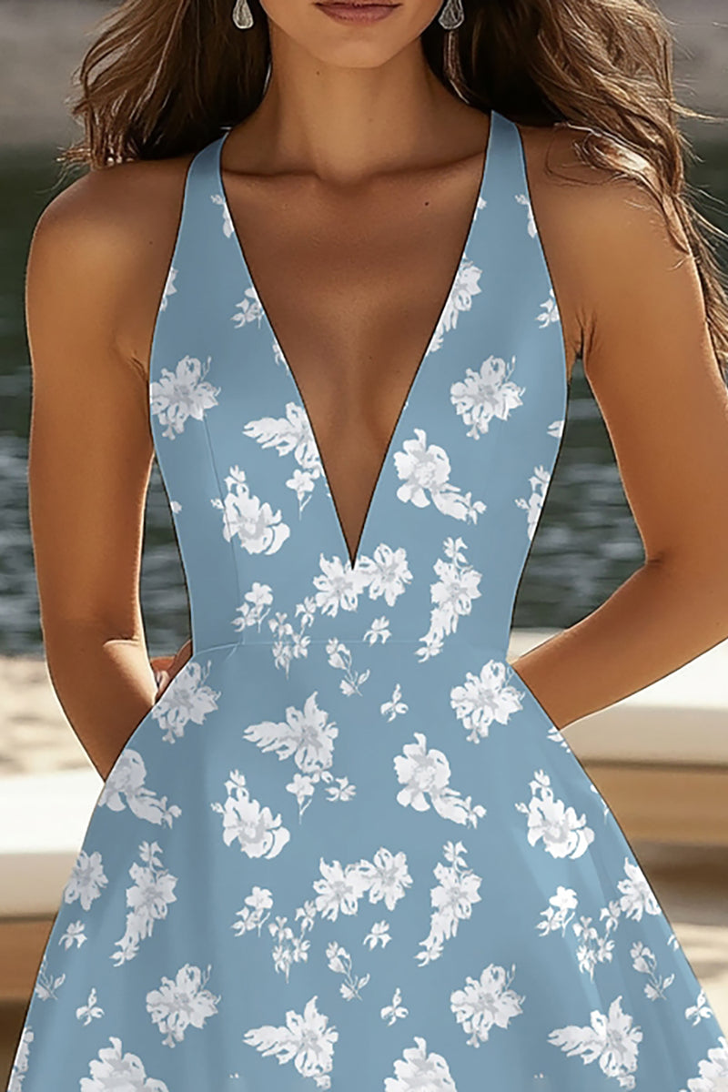 Load image into Gallery viewer, Blue White Flower V Neck A Line Short Graduation Dress
