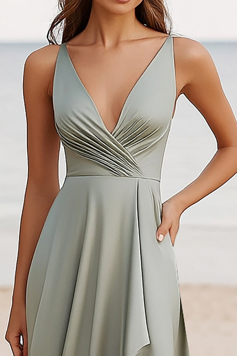 Load image into Gallery viewer, Dusty Sage Ruched V Neck Long Boho Maxi Dress with Slit