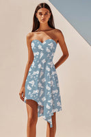 Load image into Gallery viewer, Blue White Flower Sweetheart Flower Asymmetrical Short Summer Dress