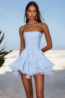 Load image into Gallery viewer, Queendancer Women Sky Blue Chiffon Short Cocktail Dress with Ruffles Strapless Ruched A Line Graduation Dress