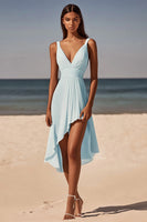 Load image into Gallery viewer, Sky Blue Chiffon Ruched V Neck Asymmetrical Short Graduation Dress